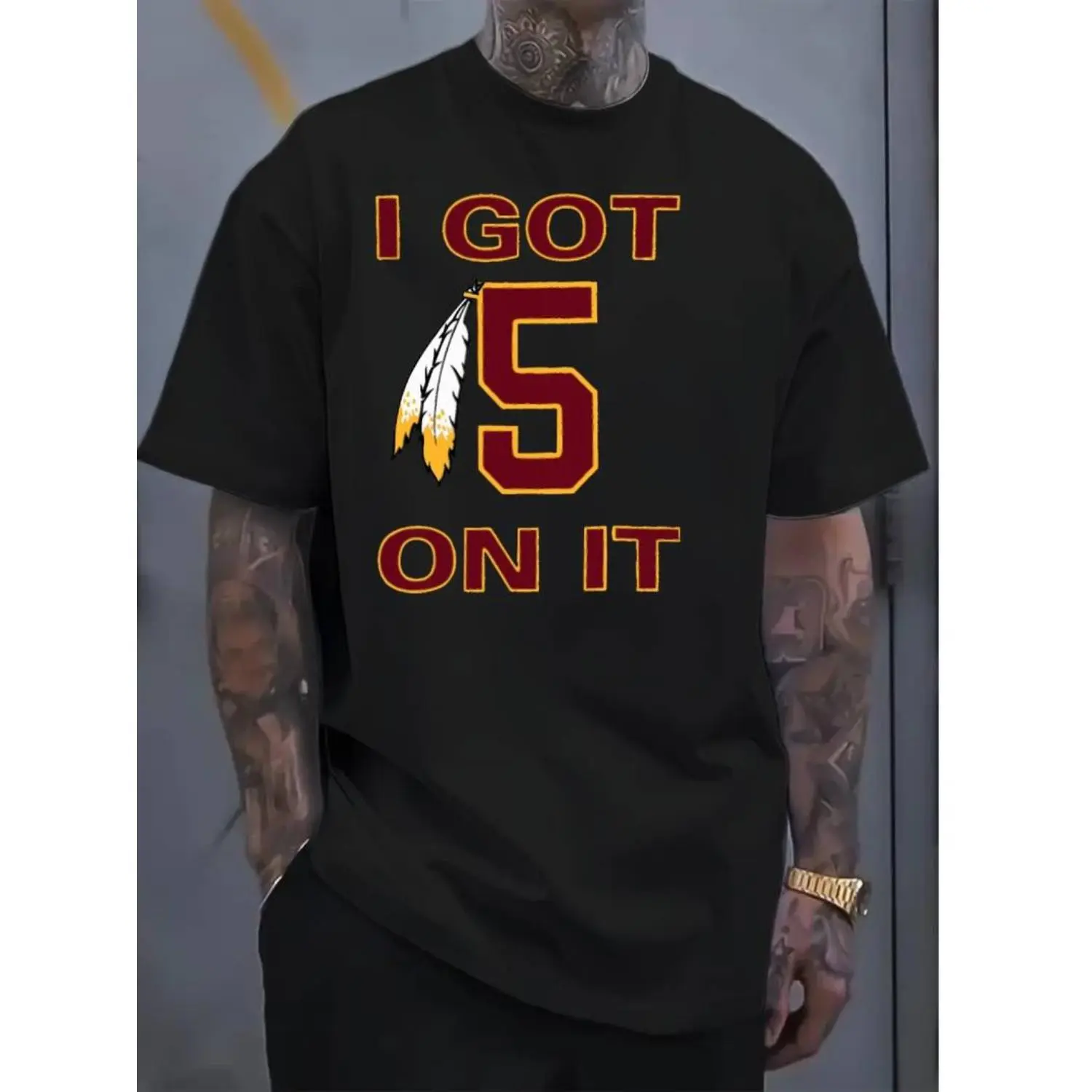 Male "I Got 5 On It" Football Graphic Print Crew Neck T-Shirt, Breathable Cotton Casual Short Sleeve Top, Machine Washable, Versatile for Outdoor Sports & Casual Wear