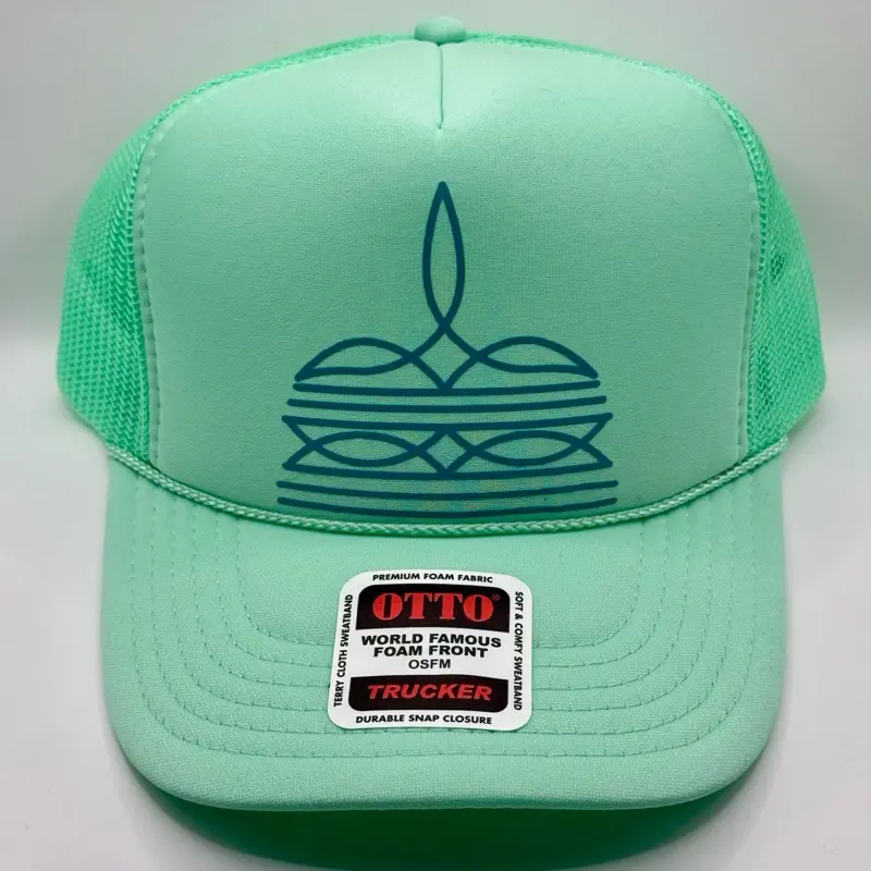 Western Boot Stitch Teal Trucker Hat with Unique Design and Color Scheme