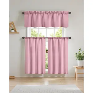 3 Piece Pink Blackout Window Curtain Set with Tiers and Valance Rod Pocket Thermal Privacy Curtain for Kitchen Living Room Bathroom Shades, W27 x L36 Inch, Pink