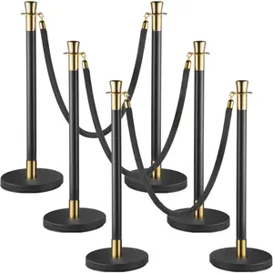 Fathersdaygift 6-Piece Iron and Steel Crowd Control Stanchion Set - 5 ft/1.5 m Black Velvet Rope, Sturdy Concrete-Metal Base, Easy-Connect Assembly Barrier ()dealsforyoudays