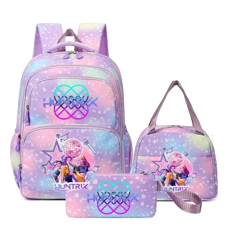 3Pcs Pastel Purple Pink Gradient Heart Disco Ball HUNTRX Cartoon Backpack Set for Girls Kids Teens, Large Capacity Water Resistant Student Backpack, Casual Daypack with Insulated Thermal Lunch Bag & Matching Pencil Pouch for School Travel Kpop Concert Dai