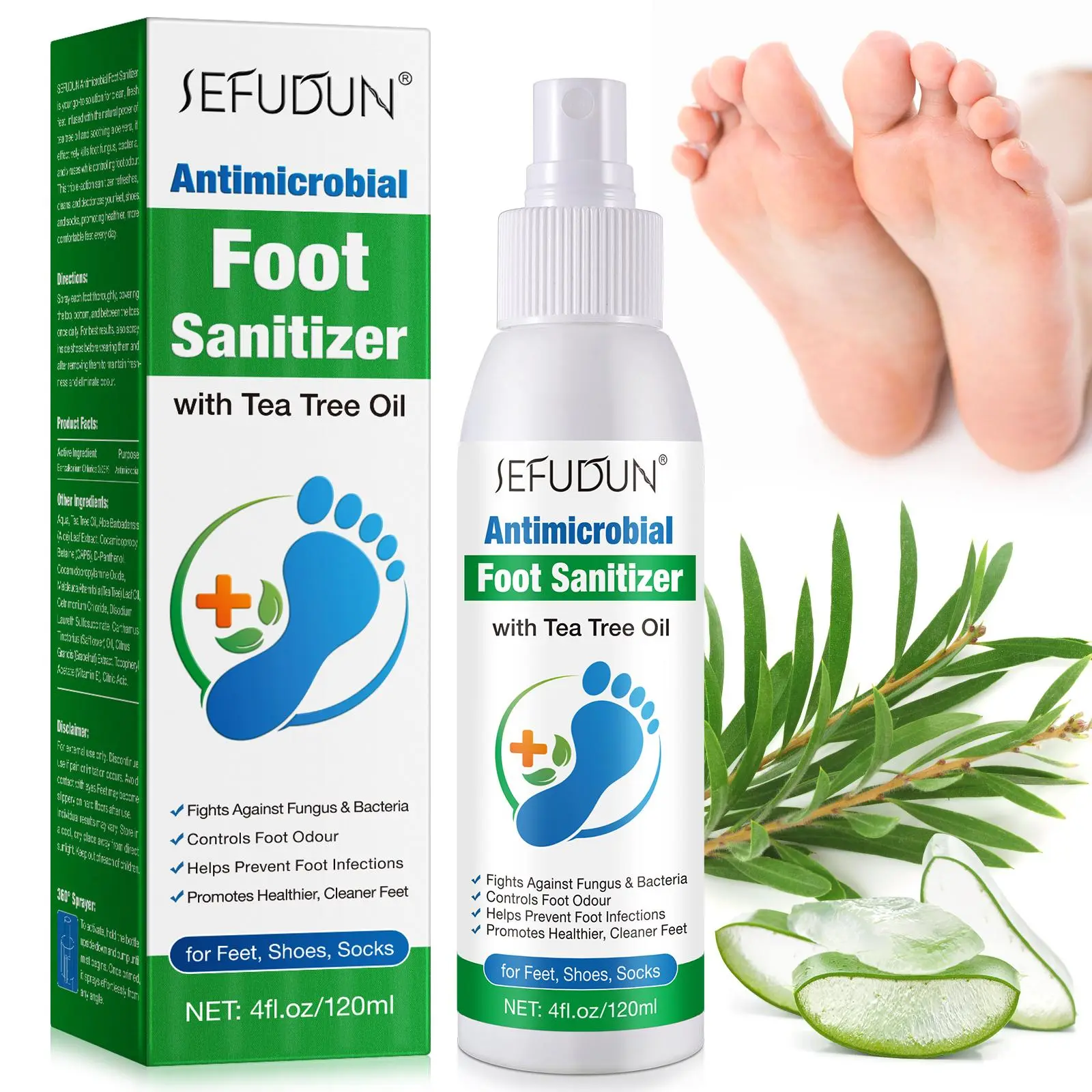 SEFUDUN Tea Tree Oil Foot Disinfection Spray 120ml, Refreshing Foot Care Spray, Antimicrobial Formula for Healthy Feet, Foot Sanitizer Spray