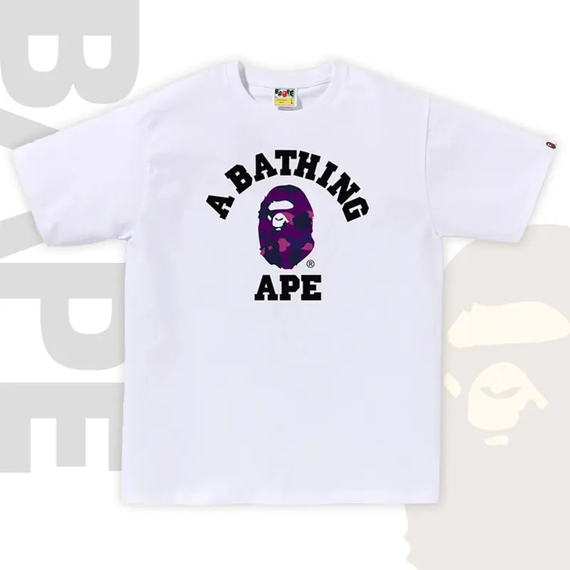 BAPE Color Camo College Ape Head Tee Men Women Unisex Oversized Streetwear Cotton Short Sleeve T-Shirt Purple Camo Arch Logo Top