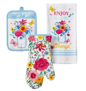 Flowering Frontier Kitchen Towel, Oven Mitt & Pot Holder Set, Multicolor, 3 Pieces, Cleaning Essential