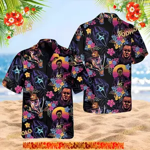 Black Friday Horror Hawaiian Shirt Men Women Ghostface Michael Myers Leatherface Freddy Neon Retro Tropical Floral Aloha Beach Casual Loose Cool Summer Fall Streetwear Fan Gift