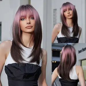 20 Inch Fashion Gorgeous Fluffy Wigs With Bangs,Mid-length Long Straight Black Mix Pink Wig Hair Wigs for Women Upgraded Protein Fiber Middle Part Wig Natural Looking Synthetic Heat Resistant Fiber Wig for Daily Cosplay Party