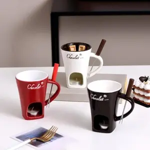 Creative American Ceramic Heating Drink Cup with Fork, Ideal for Chocolate Hot Pot, Caramel Cheese & Cotton Candy, Disposable Home & Party Supplies Drink Set