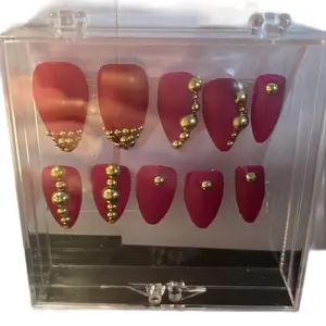 Gold Beaded Red Matte Finish Plastic Nails with Elegant Bead Accents for Stylish Manicures