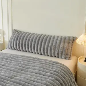 Fluffy Faux    Pillow Cover, Cozy Plush Fuzzy Wide Striped 20x54  Pillowcase with Zipper,  Decorative Shaggy Furry Ribbed Bedroom Long Pillow Cover Bed Couch Sofa, Light Grey