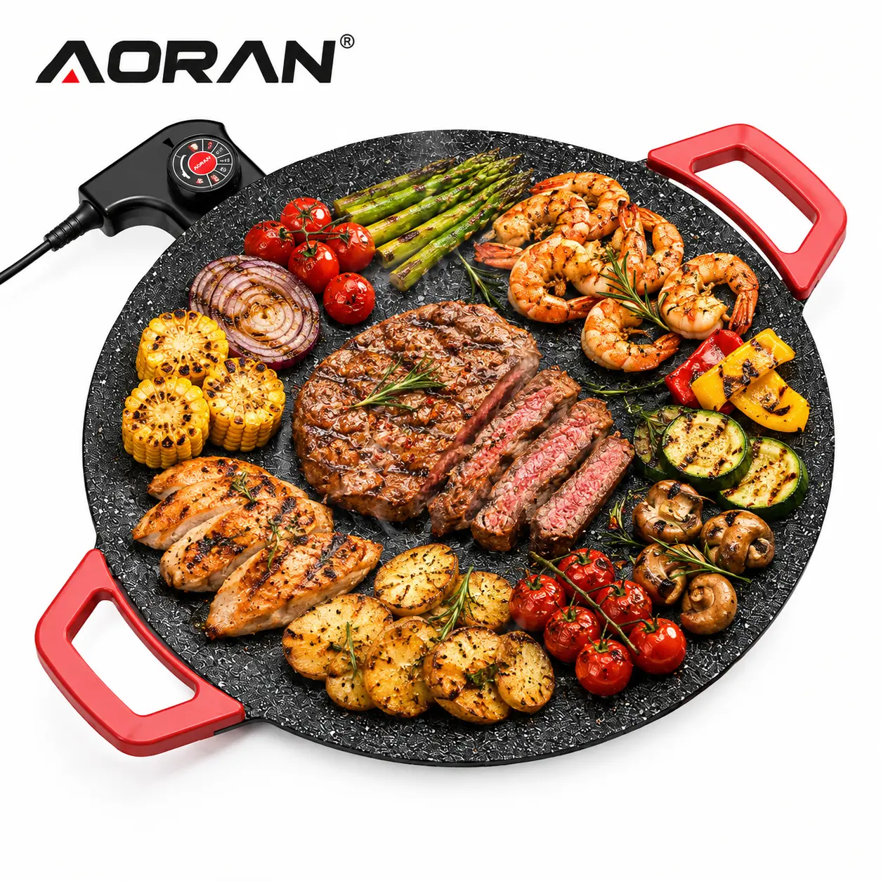 AORAN 16-in Corded Nonstick Electric Grill Pan with Temperature Control - Indoor Sizzle Grill Griddle, Table Top Griddles for Family Dinners Kitchen Appliances