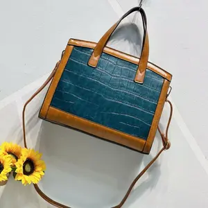 Crocodile Pattern Tote Bag with Brown Leather Accents and Adjustable Strap for Everyday Use 12.6*5.1*9.8 inch