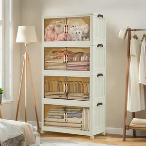 Compact Stackable Plastic Storage Bin with Lid, Collapsible Drawer, Magnetic Doors & Wheels, Closet Organizer for Home, Dorm, Office