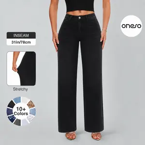 ONESO Mid-low Rise BBL Jeans Black Baggy Stretchy Wide Leg for Women Distressed Denim Pants Comfortable Tummy Control Plus Size Regular Size