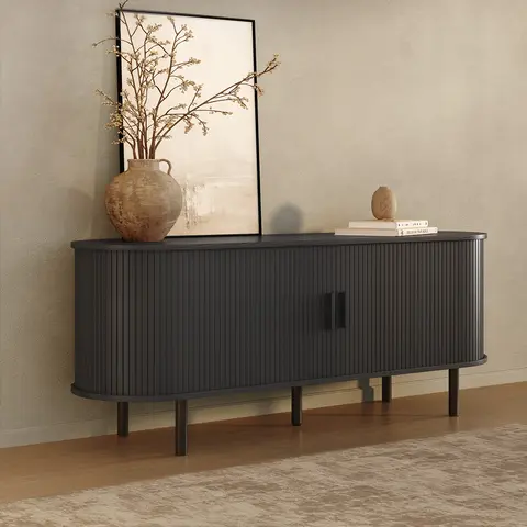 ONBRILL Sliding Door Design Fluted Wooden Minimalist TV Stand (55"/63"/71"/87") for TVs Up to 60/70 In, Space-Saving Entertainment Center with Power Outlet, Adjustable Shelves, Apartment & Living Room Furniture, Christmas Gift [TiktokShopStockUp]