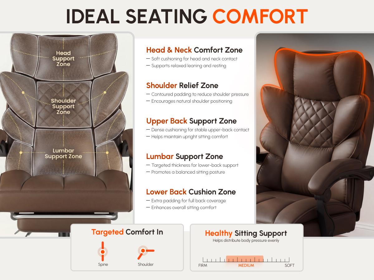 Dowinx Office Chair Big and Tall with Pocket Spring Cushion,High Back Computer Gaming Chairs with Linkage Armrests,Executive Desk Chairs with Footrest,PU Leather Brown,Fabric-Black
