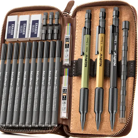 Nicpro 1.3 mm Refillable Mechanical Art Pencils Assortment Kit - Anti-Slip Metal Grip, Durable, Resin & Genuine Leather Weatherproof Bag, 138 Lead Refills, Erasers, Drawing Supplies, Art Pencils for Sketching, Artists' Daily Writing Office Stationery