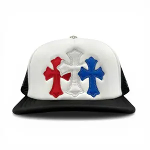 Chrome Hearts Cemetery Leather Cross Patch Trucker Hat Black White Multi