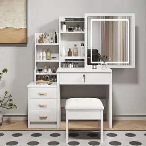White MDF 34.8 Inch Makeup Vanity Desk With Sliding Lighted Mirror, Dressing Table And Cushioned Stool Set, 3 Color Lighting Modes With Adjustable Brightness, 4 Drawers And Hidden Storage Shelves For Bedroom