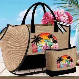 Women's Beach Handbag Set, Canvas Bag with Ladies Beach Hat, Wave Sun Hat, Shoulder Bag, Crossbody Bag, Linen Makeup Bag, Storage Tote Bag