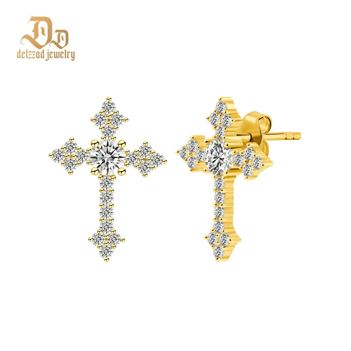 Delzzad 18K Gold-Plated Cross Prong Earrings D Color VVS Synthetic Moissanite S925 Stud Unisex Earrings Perfect Studearrings Birthday Anniversary Mother's Day Christmas Gifts for Men Women