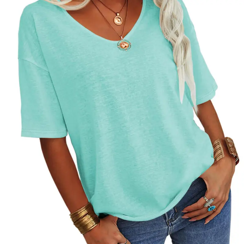 Women's Plain V Neck Drop Shoulder Tee, Casual Chic Minimalist Solid Color Half Sleeve T-shirt for Summer, Women's Basic Top for Daily Wear