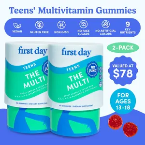 2-PACK First Day Teens Ages 13-17 Multivitamin Gummies - Organic Fruit & Veggie Blend + Vitamins A, B1, B2, B6, E, B12, C, D3 & K2, Zinc & Folate Teen Boy and Teen Girl Gummies Supplement - Organic Multivitamin Gummies for Teens - 60-Day Supply, Healthcar