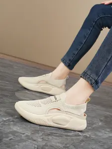 Women's Beige Summer-Friendly Breathable Mesh Shoes, All-Conditions Light Style, Durable Rubber Sole, Cut-Out Ventilation, Soft Cushion Midsole, Ideal for rainy days/summer trips Lightweight Breathable Shoes, Lightweight Comfy Shoes
