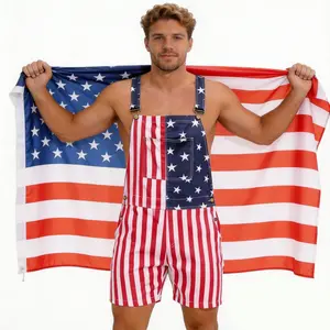 Casual Loose Fit Denim Shortalls for Men Women with American Flag Patch Stretchable Bib Shorts Retro Patriotic Streetwear for Summer 4th of July Memorial Day Fireworks Outdoor BBQ Party Supplies