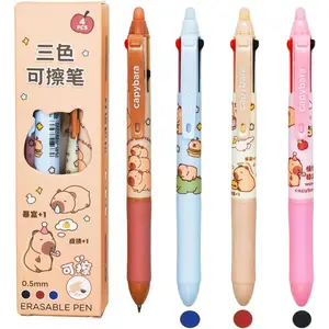 4 count 3 Colors Cute Capybara Erasable Pens Multicolor 3-in-1 Retractable Pen 0.5mm Black Blue Red Ink 4 Styles Kawaii Cartoon  Pens for Sutdents Birthday Gifts Shcool Office Supplies