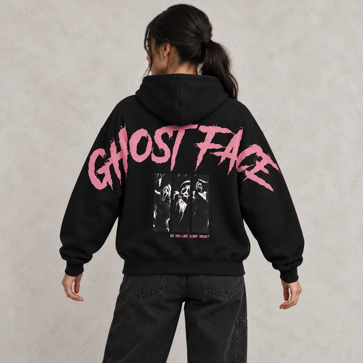 Ghost Face Back Print Hoodie, Pink Horror Graphic Sweatshirt, Scary Movie Inspired Pullover, Halloween Outfit, Gift for Horror Fans