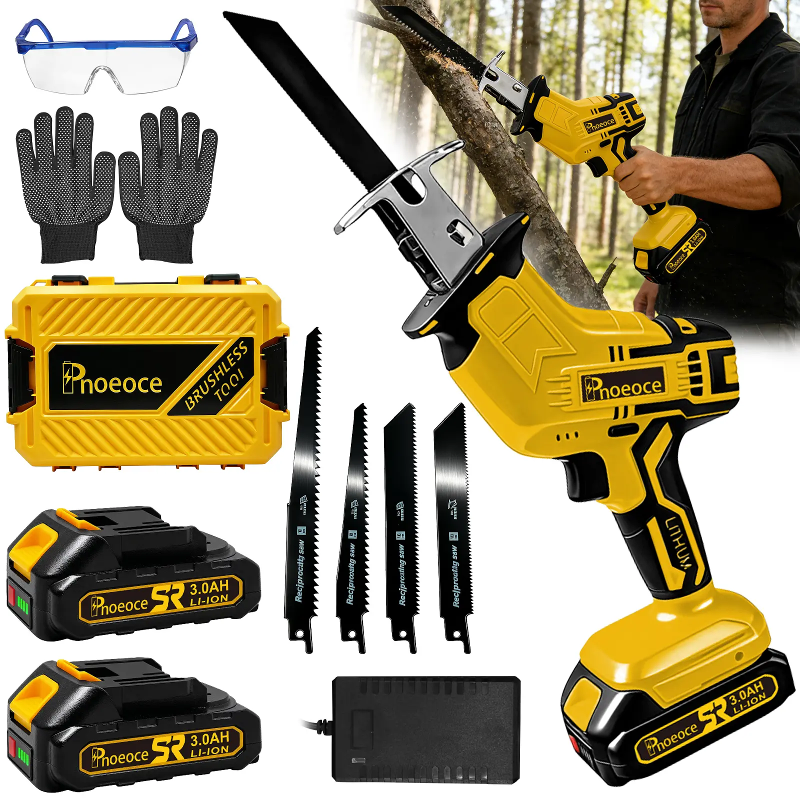 Pnoeoce Brushless Motor Cordless Reciprocating Saw (Cordless Design, Boosts Precision & Efficiency), 0-3700 SPM Variable Speed, 2-Pack 3.0Ah Lithium-Ion Batteries, Charger, 4pcs Saw Blades, Safety Gloves & Goggles, Hard Storage Case for Wood Metal Cutting