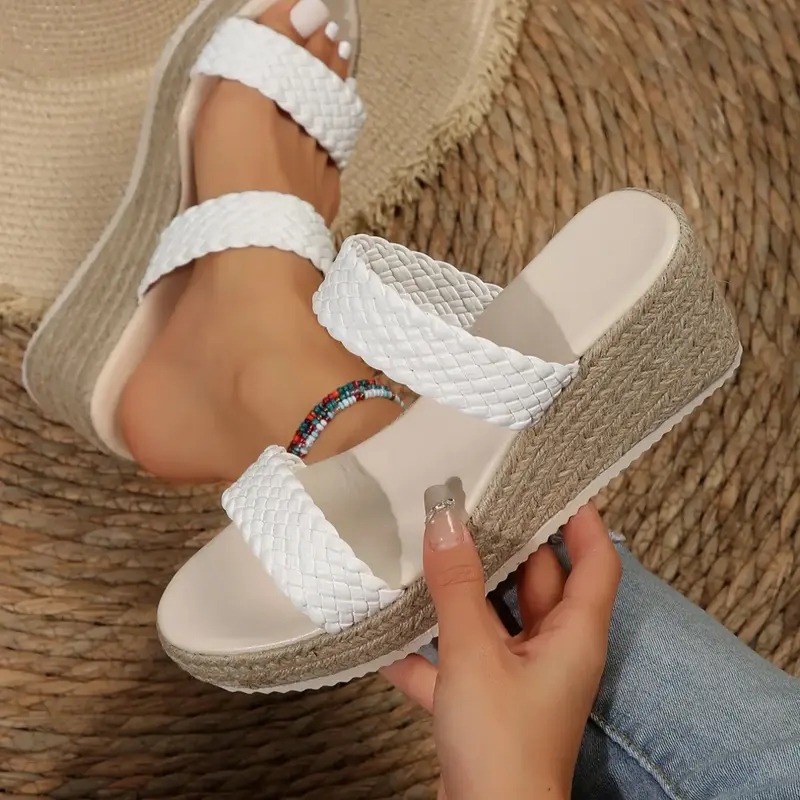Women's Espadrille Wedge Sandals, Boho Wedge Sandals, Wide Fit Woven Platform Slides, Heeled Slide Sandals, Cloud Comfort Arch Support Summer Fashion Sandals, Casual High Wedge Sandals