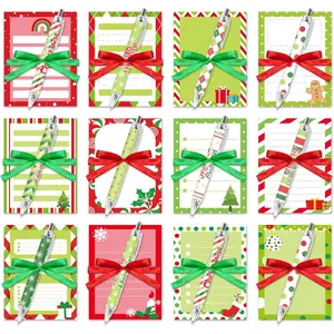 72 count Christmas Notepads and Ballpoint Pens with Red Green Ribbon Xmas Tree Snowflake Dot Gingerbread Teacher Bulk Appreciation Gifts for Students Coworkers Office Classroom Party