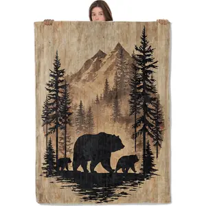 Mountain Bear Family Blanket, Comfy & Warm Flannel Bears Silhouettes Throw Blanket for Couch, Gifts for Men Adults Kids, Soft Fuzzy Lightweight Travel Bed Blankets for Decor
