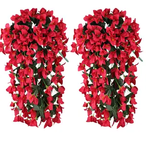 Faux Bougainvillea Artificial Flowers Plants for Outdoor Outside Decoration, 2 PCS Red Fake Flowers UV Resistant Look Real Silk Long Trailing Vines for Front Door Porch Planter Urn Patio Garden Yard