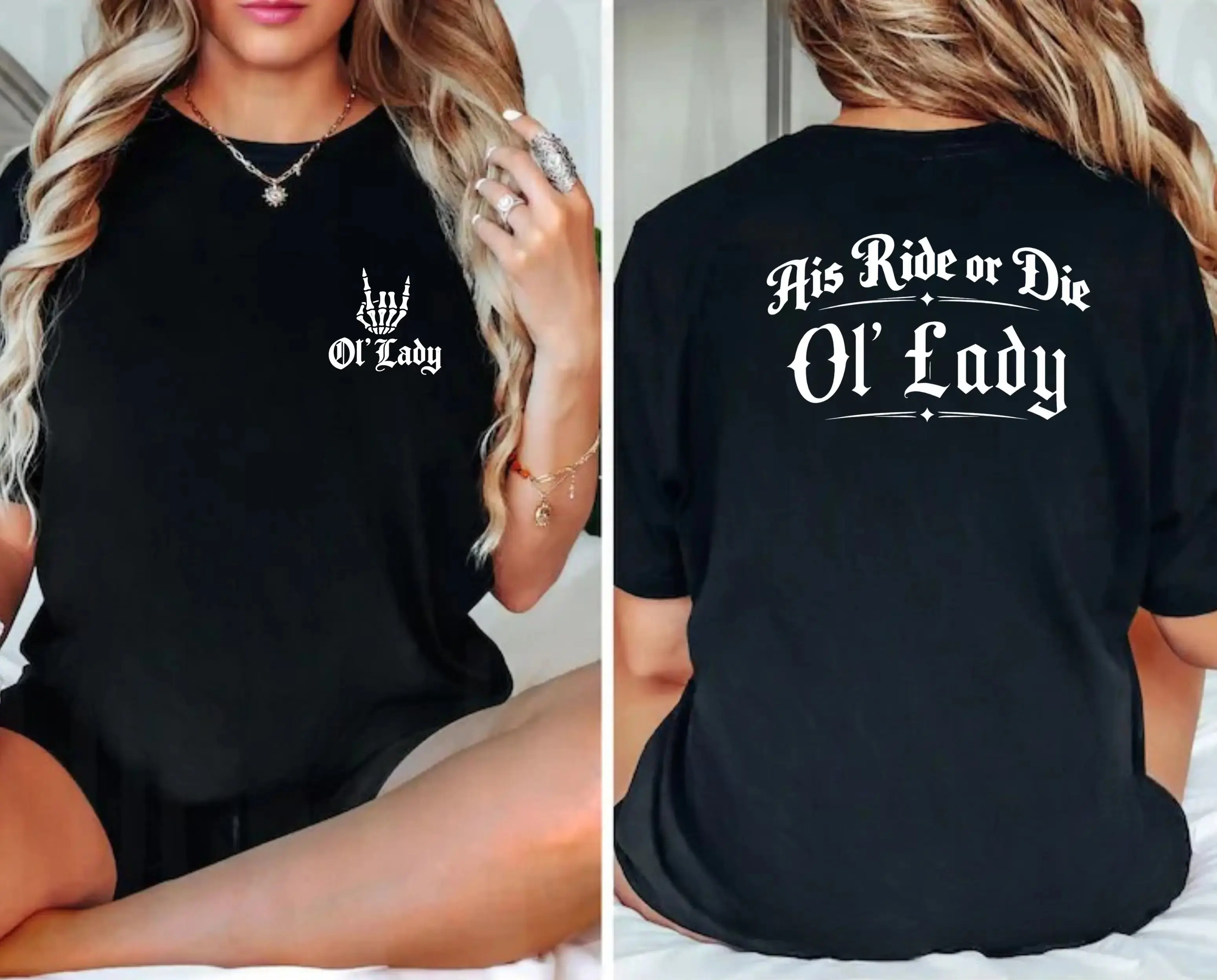 Western Gothic Motorcycle His Ride Or Die Ol’ Lady Print Pocket Short Sleeve Tee, Soft Casual Summer Vacation Everyday Statement Biker Graphic Top, Retro Motorbike Loose Fit T-Shirt Gift For Women Riders Unisex Sleeve T-Shirt