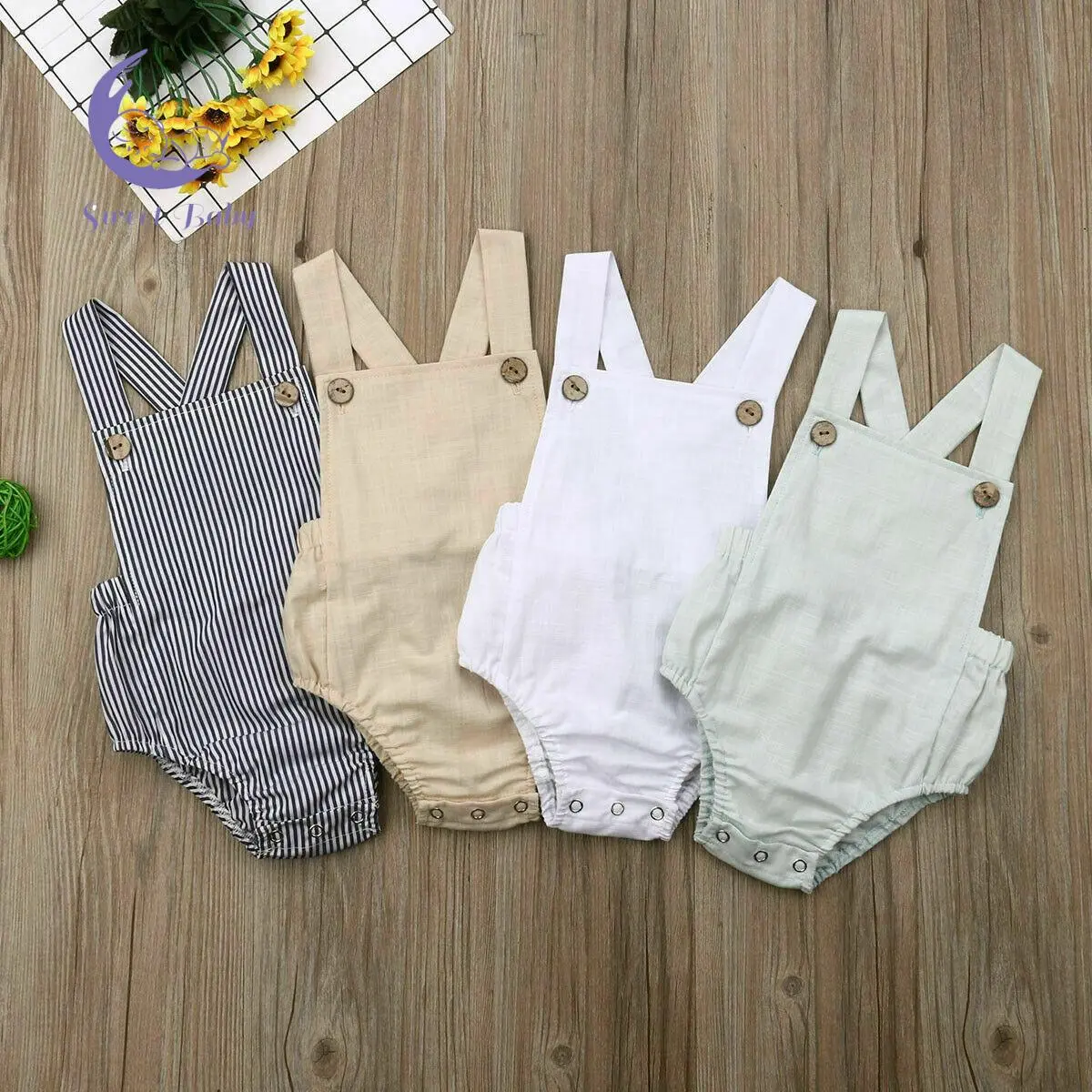 Baby Cotton Bodysuit - Newborn Outfits, Sleeveless Square Collar Open Back Sling Solid Color Jumpsuit for 0-3Y Infants