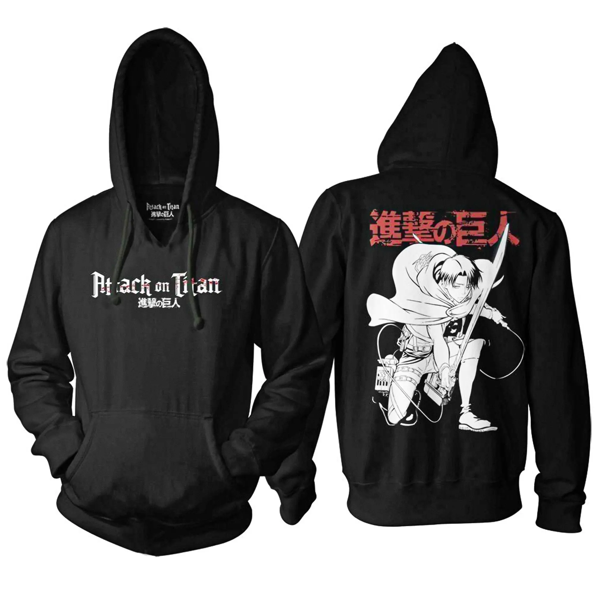 Men's Attack on Titan Casual Print Hoodie, Black Pullover Long Sleeve Sweatshirts with Levi Ackerman Graphic, Menswear, Attack On Titan Enthusiasts, Novelty Print