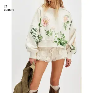 Womens Fall Casual Crewneck Sweatshirts Print Hoodies Cropped Drop Shoulder Preppy Aesthetic Oversized Loose Sweatshirt