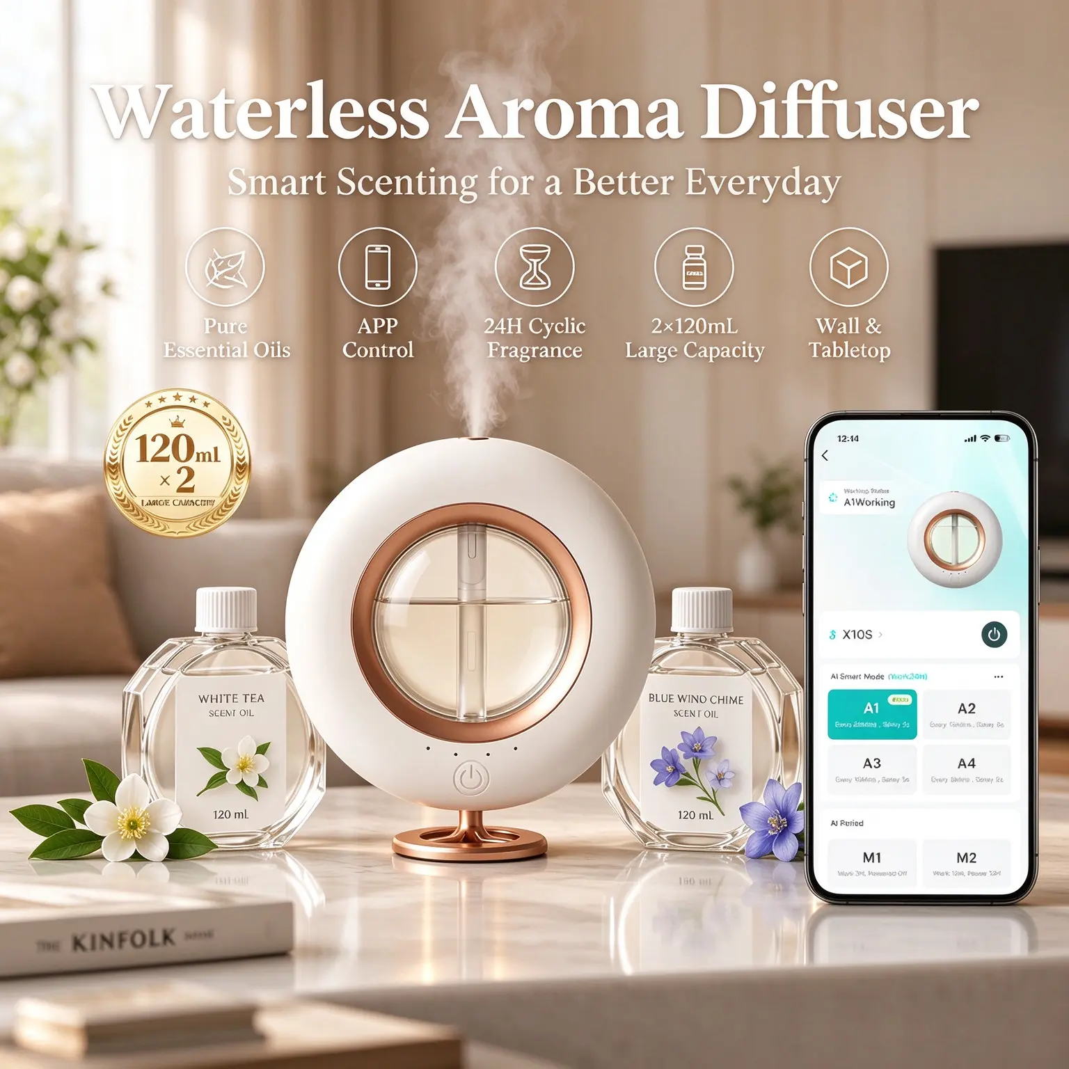 Waterless Cold Air Diffuser Bluetooth, Essential Oil Diffuser Aromatherapy Home Fragrance, Scent Air Long-Lasting Home Fragrance Hotel Luxury, Aroma Oil Essential Oil Blend Fragrance Spray Air Purification,  Artist-Designed Scent scented oil diffusers