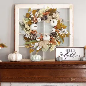 Halloween Pumpkin Wreath, 17.72 Inch Farmhouse Fall Decor, Maple Leaf & Berry Design, Perfect for Home & Outdoor Use