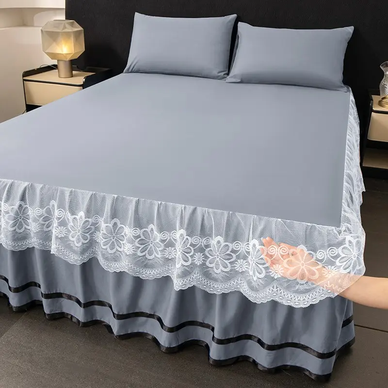 3pcs Pure Color Polyester Bedskirt Set, Lace Trim, Fits Single Twin Full Queen King Sizes, All Seasons, Easy to Clean, Bedroom, Bedding Supplies, Bedding Accessories