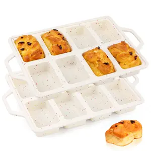 Silicone Mini Loaf Pans with Metal Reinforced Frame-2 Pack, Non-stick Silicone Bread Pan for Baking 8-Cavity, Tiny Banana Bread Set, Dishwasher Safe Brownie Pan-Cream