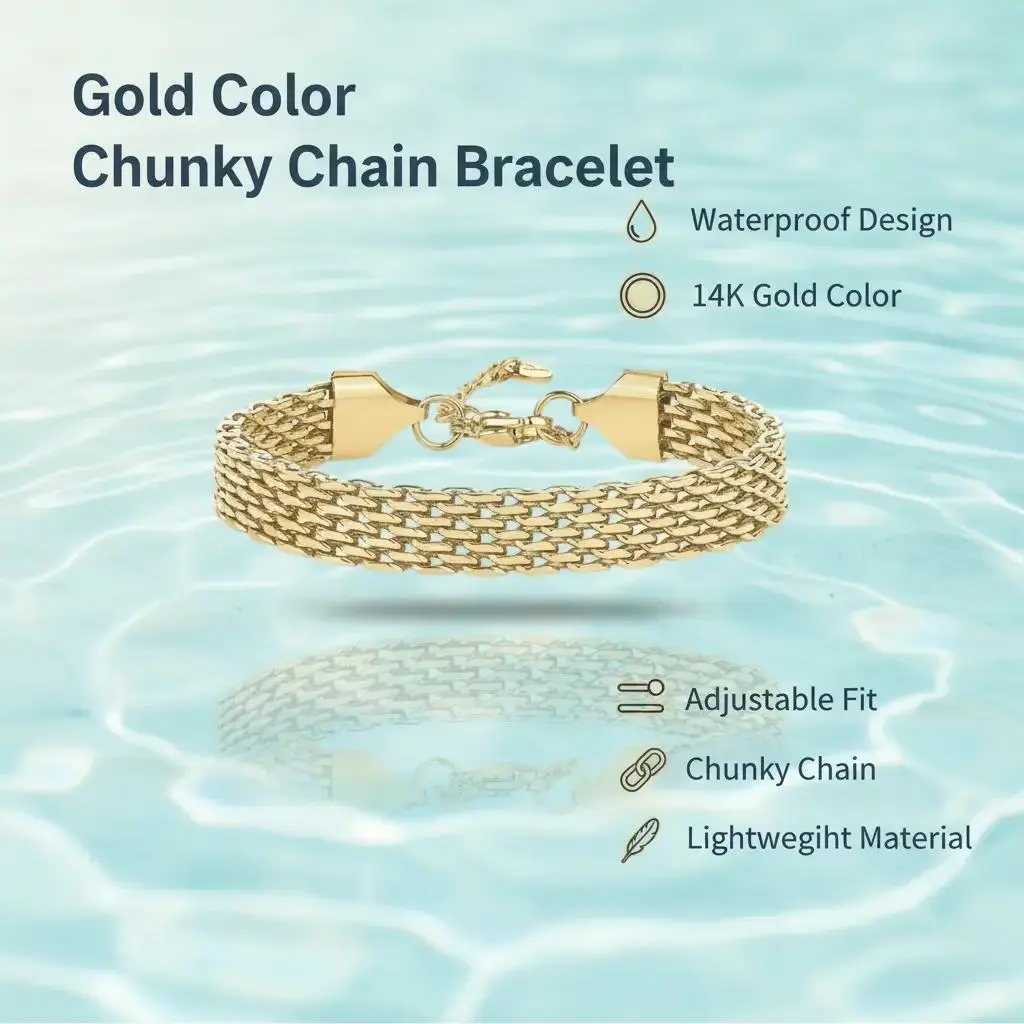 B Waterproof Chunky Chain Bracelet for Women - 14K Gold Plated Trendy Adjustable Chain Bracelet - Lightweight Stainless Steel Jewelry