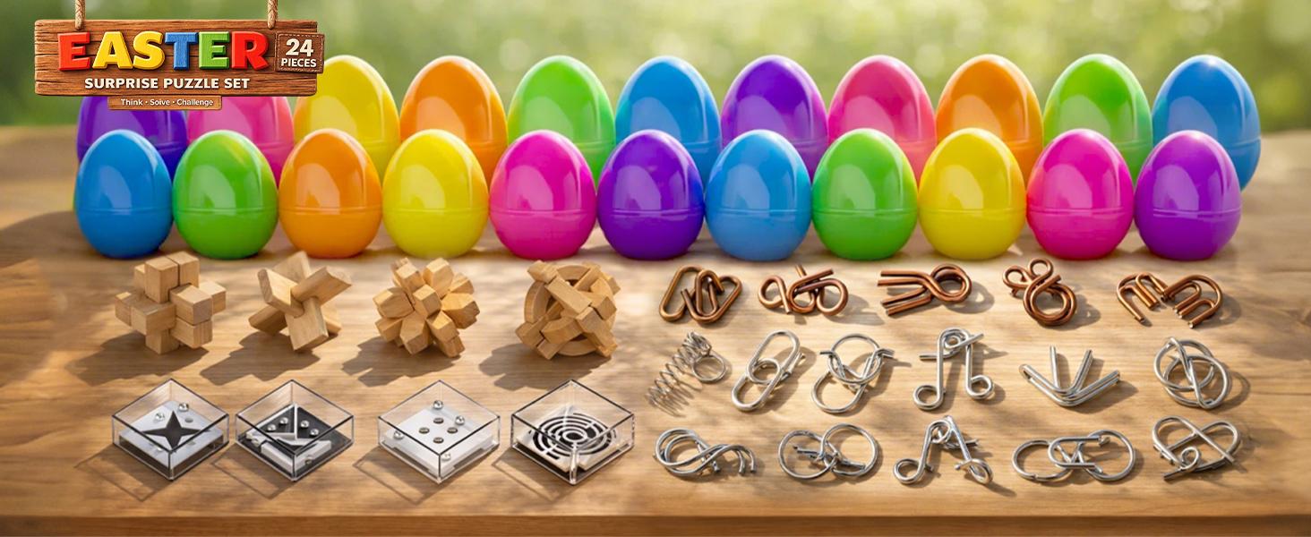 24 Pack Brain Teaser Puzzle Set, Metal & Wooden Puzzles with Balance Challenges, IQ Logic Games and Mind Teaser Toys Party Favors Return Gifts for Kids Teens and Adults