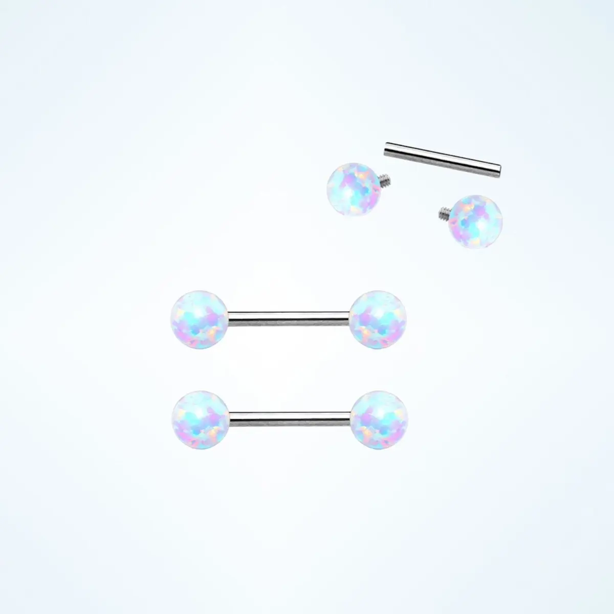 White Fire opal stone nipple ring, 14g tongue ring, surgical steel barbells, internally threaded bar, nipple shield piercing body jewelry