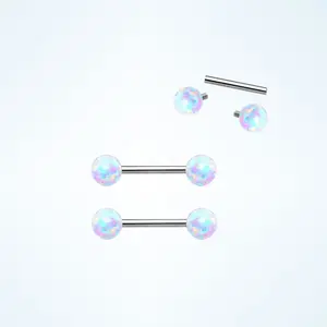 White Fire opal stone nipple ring, 14g tongue ring, surgical steel barbells, internally threaded bar, nipple shield piercing body jewelry