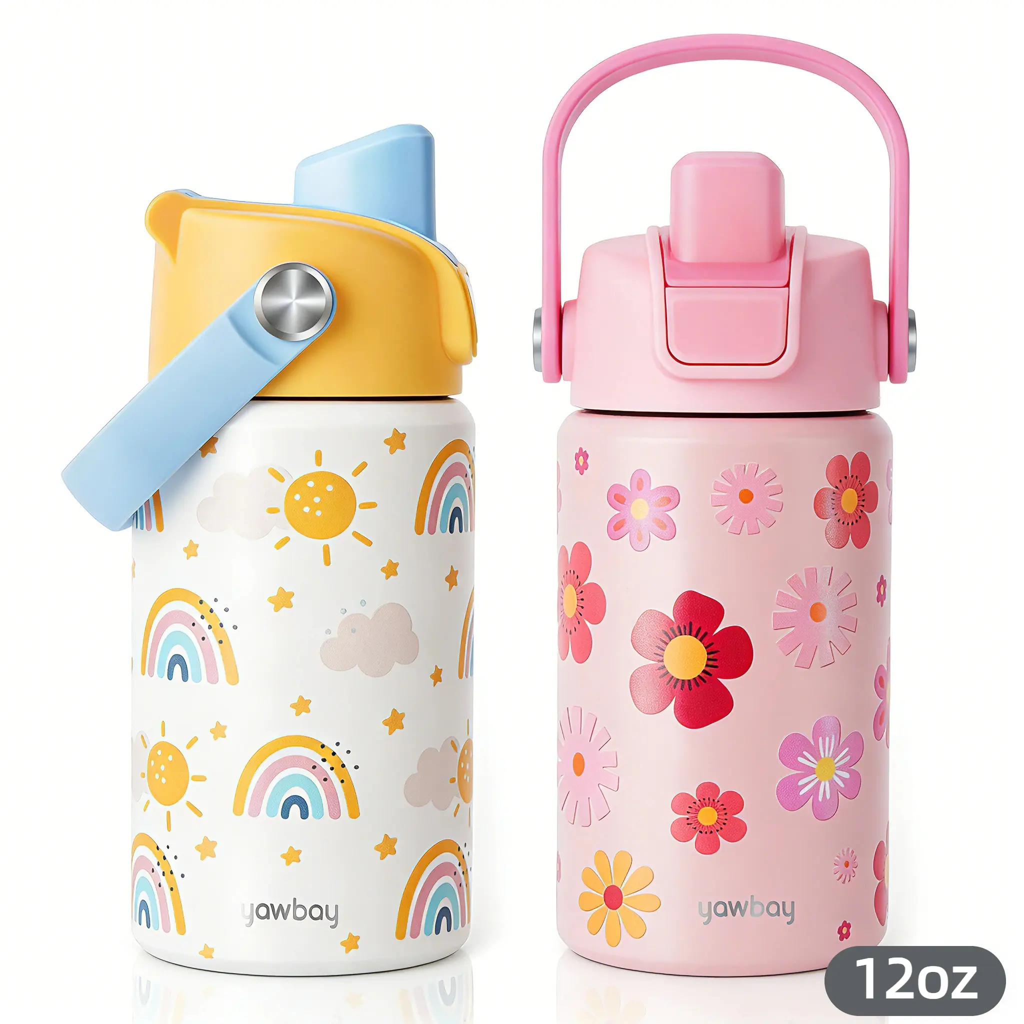 Yawbay Dinosaur-Flower Thermo Tumbler for Boys, 12/18oz Leakproof Insulated Water Bottle with Stickers & Straw, Vacuum Drinkware Flask, Portable Kids Gift Kitchenware Container