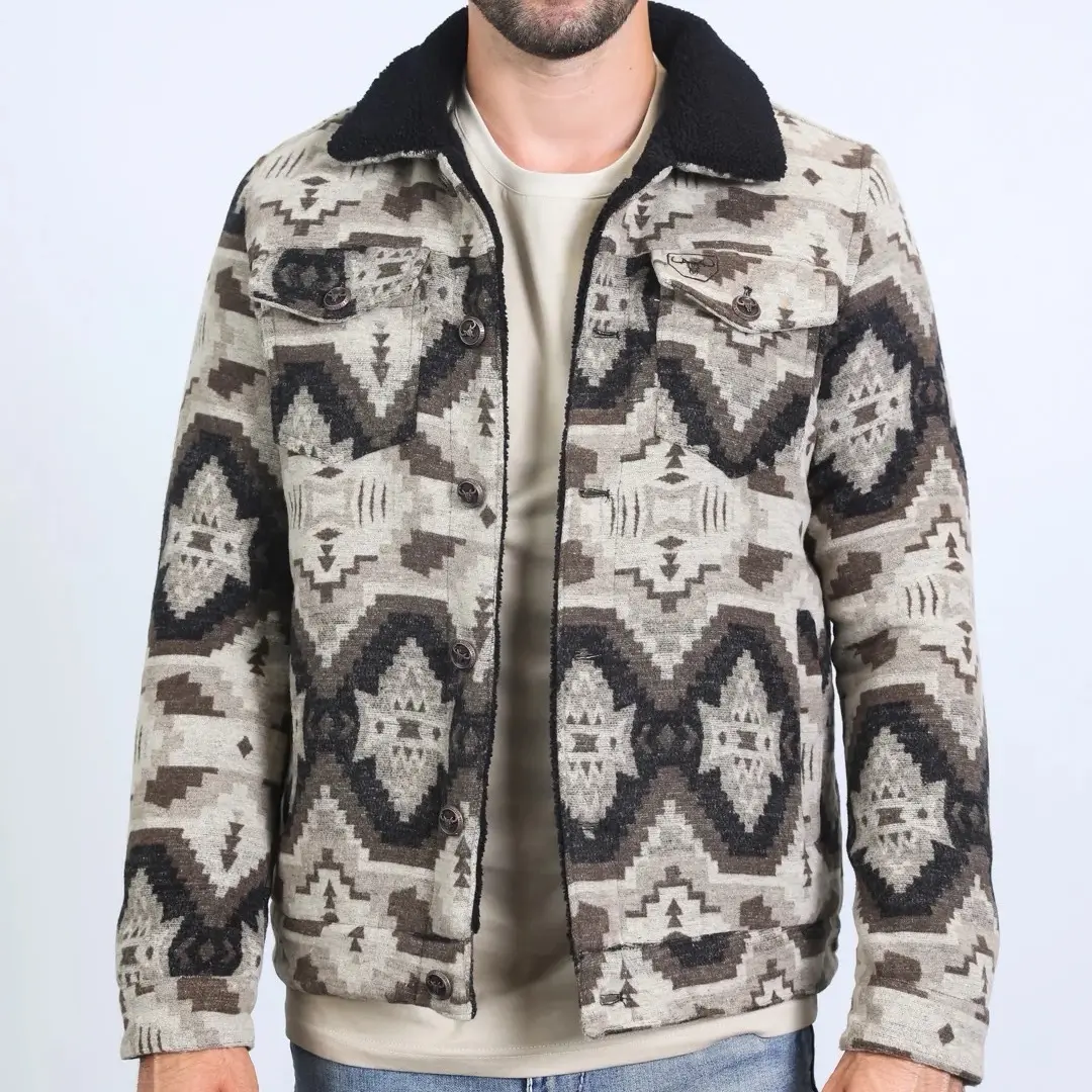Mens Ethnic Aztec Quilted Fur Lined Beige Jacket