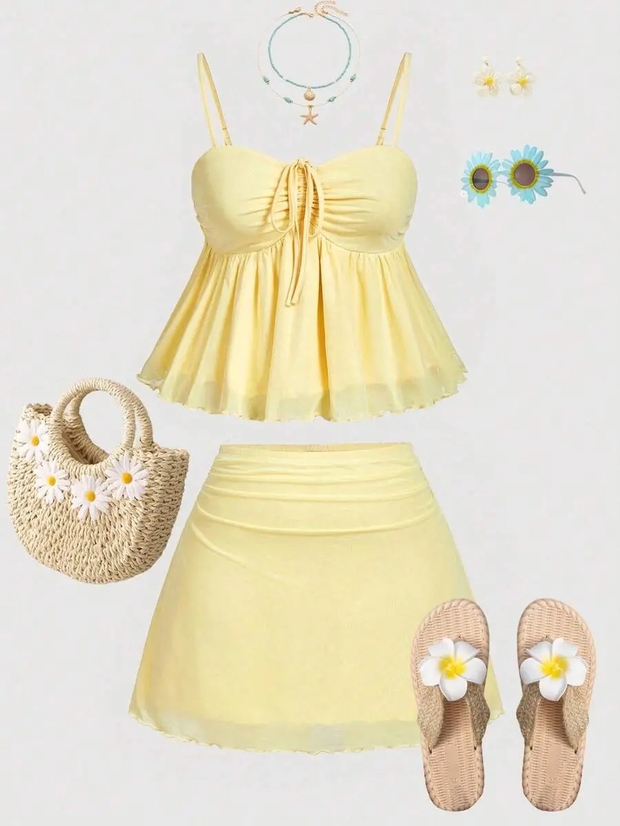 ELIEEN Plus Size Butter Yellow Spaghetti Strap Camisole and Mini Skirt Set Women Summer Cute Beach Vacation Two Piece Outfits